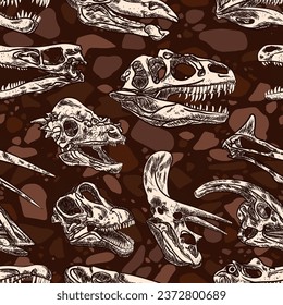 Dinosaurs fossils skull heads sketch seamless pattern over a stoned ground repeat