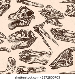 Dinosaurs fossils skull heads sketch seamless pattern 