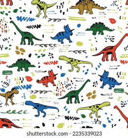 Dinosaurs funny doodle vector seamless pattern.
