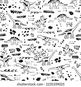 Dinosaurs funny doodle vector seamless pattern.
