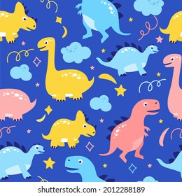 Dinosaurs funny pattern on a blue background vector illustration. In a flat style for printing on textiles and souvenirs.