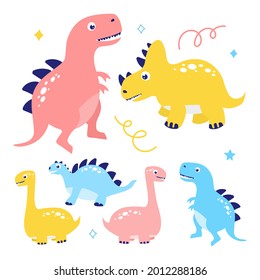 Dinosaurs funny set isolated on a white background vector illustration. In a flat style for printing on textiles and souvenirs.