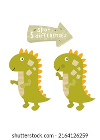 Dinosaurs Games and Activities for Kids. Spot 5 Differences. Cute Green Dinosaur. Vector Illustration.