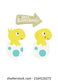Dinosaurs Games and Activities for Kids. Spot 5 Differences. Cute Baby Dino in Egg. Vector Illustration.