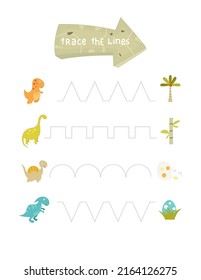 Dinosaurs Games and  Activities for kids. Trace the Lines. Vector illustration.