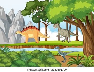 Dinosaurs gathering by the river illustration