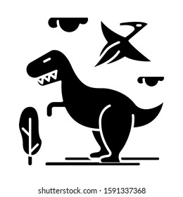 Dinosaurs glyph icon. Prehistoric animals. Tyrannosaurus rex. Flying pterodactyl. Jurassic park. Archeology and history. Silhouette symbol. Negative space. Vector isolated illustration
