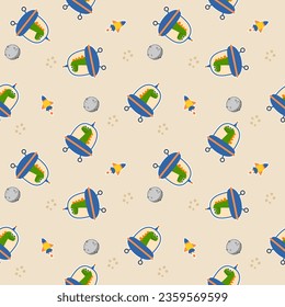 Dinosaurs green cartoon so cute drive a UFO. On moon spaceship background. Pattern seamless vector illustration. 
