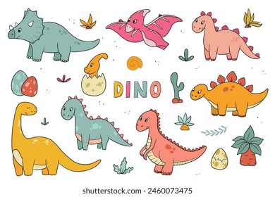 dinosaurs hand drawn collection of doodles for posters, prints, cards, stickers, nursery decor, stationary, scrapbooking, etc. EPS 10