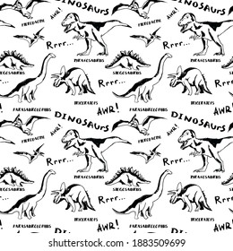 Dinosaurs hand drawn doodle vector pattern on white  background 