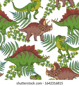 Dinosaurs hand drawn. Seamless pattern. Vector illustration. Jurassic period. Herbivorous and carnivorous dinosaur. Tropical illustration.