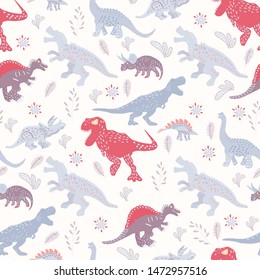 Dinosaurs hand drawn seamless vector pattern on white background. Vector Illustration