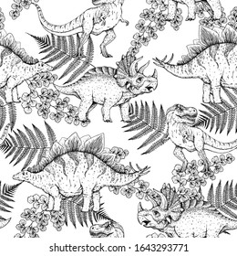 Dinosaurs hand drawn sketch. Seamless pattern. Vector illustration. Jurassic period. Herbivorous and carnivorous dinosaur. Tropical illustration.