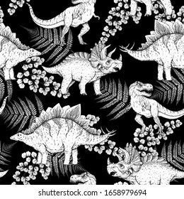 Dinosaurs hand drawn sketch. Seamless pattern. Vector illustration. Jurassic period. Herbivorous and carnivorous dinosaur. Tropical illustration.