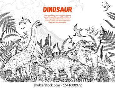 Dinosaurs hand drawn sketch. Vector illustration. Jurassic period. Herbivorous and carnivorous dinosaur. Tropical illustration.