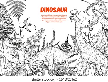 Dinosaurs hand drawn sketch. Vector illustration. Jurassic period. Herbivorous and carnivorous dinosaur. Tropical illustration.