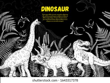 Dinosaurs hand drawn sketch. Vector illustration. Jurassic period. Herbivorous and carnivorous dinosaur. Tropical illustration.