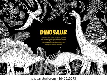 Dinosaurs hand drawn sketch. Vector illustration. Jurassic period. Herbivorous and carnivorous dinosaur. Tropical illustration.