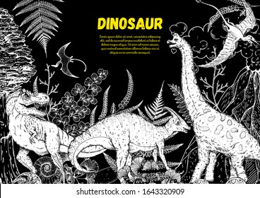 Dinosaurs hand drawn sketch. Vector illustration. Jurassic period. Herbivorous and carnivorous dinosaur. Tropical illustration.