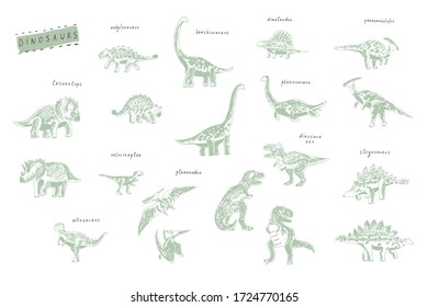 Dinosaurs hand drawn texture doodle vector illustrations set for kids