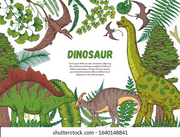 Dinosaurs hand drawn. Vector illustration. Jurassic period.
 Herbivorous and carnivorous dinosaur. Tropical illustration.