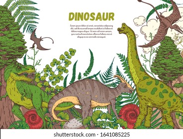 Dinosaurs hand drawn. Vector illustration. Jurassic period. Herbivorous and carnivorous dinosaur. Tropical illustration.