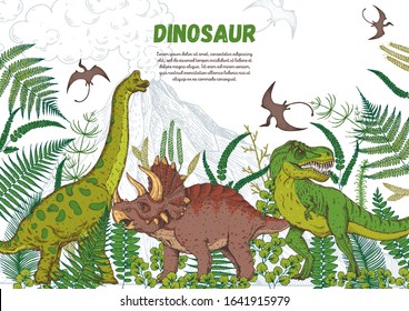 Dinosaurs Hand Drawn. Vector Illustration. Jurassic Period. Herbivorous And Carnivorous Dinosaur. Tropical Illustration.