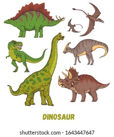 Dinosaurs hand drawn. Vector illustration. Jurassic period. Herbivorous and carnivorous dinosaur. Vector hand drawn collection.