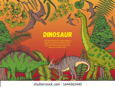 Dinosaurs hand drawn. Vector illustration. Jurassic period. Herbivorous and carnivorous dinosaur. Tropical illustration.