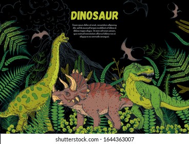 Dinosaurs hand drawn. Vector illustration. Jurassic period. Herbivorous and carnivorous dinosaur. Tropical illustration.