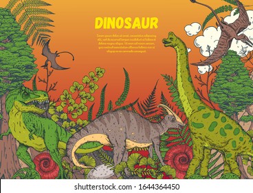Dinosaurs hand drawn. Vector illustration. Jurassic period. Herbivorous and carnivorous dinosaur. Tropical illustration.