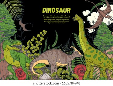 Dinosaurs hand drawn. Vector illustration. Jurassic period. Herbivorous and carnivorous dinosaur. Tropical illustration.