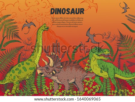 Dinosaurs hand drawn. Vector illustration. Jurassic period.
 Herbivorous and carnivorous dinosaur. Tropical illustration.