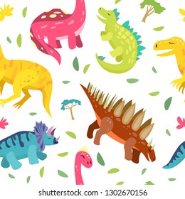 Dinosaurs hand sketched vector seamless pattern. Cute dino characters cartoon texture. Good for wallpaper, wrapping paper, kids textile, background fill, party décor.