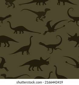 Dinosaurs. Hand-drawn seamless pattern with dinosaurs. For children's fabric, textiles, wallpaper for the nursery. Cute dinosaur design. The silhouette of a dinos