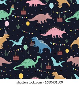 Dinosaurs happy birthday concept seamless pattern. Colorful characters and birthday decorations on dark blue background. Hand drawn vector wrapping paper template.