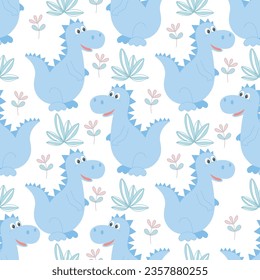 Dinosaurs, herbs and flowers seamless pattern. Cute dino characters background for boy. Funny cute animal print for textile, paper, wallpaper and design, vector illustration