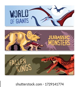 Dinosaurs horizontal banners set of cartoon compositions with flying giants and jurassic monsters of mesozoic era vector illustration