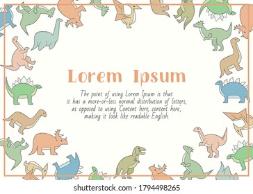 Dinosaurs - horizontal card with text and vector color illustrations of triceratops, stegosaurus, tyrannosaurus and other animals of the Jurassic period for graphic design