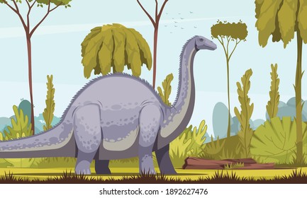 Dinosaurs horizontal vector illustration with diplodocus cartoon image as longest and largest herbivorous dinosaur