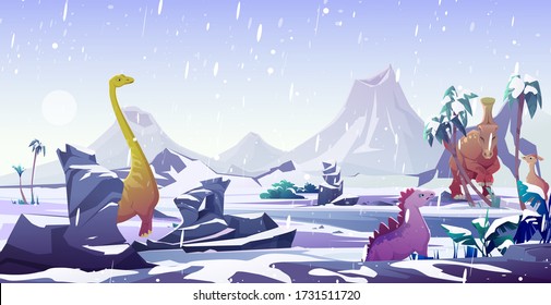 Dinosaurs in ice age. Animals extinction by cold in arctic winter. Vector cartoon prehistoric landscape with snow, frozen water and dino characters, ancient reptiles