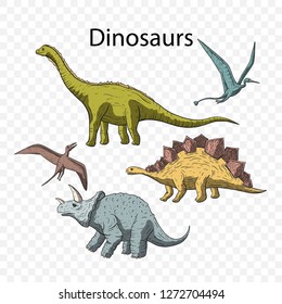 Dinosaurs icon set. Jurassic and Cretaceous animal collection. Prehistoric vector dino.