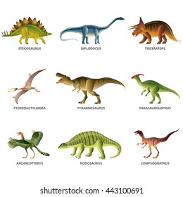 Dinosaurs icons detailed photo realistic vector set