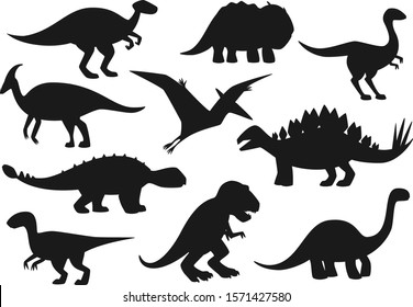 Dinosaurs icons, Jurassic park dino monsters silhouettes. Vector isolate t-rex tyrannosaurus, brontosaurus and triceraptors, velociraptor and pterodactyl, spinosaurus lizard and stegosaur