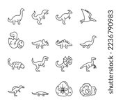 Dinosaurs icons set. Lizards of ancient times, linear icon collection. Reptiles of Mesozoic era. Tyrannosaurus, sauropod, velociraptor, stegosaurus, triceratops etc. Line with editable stroke