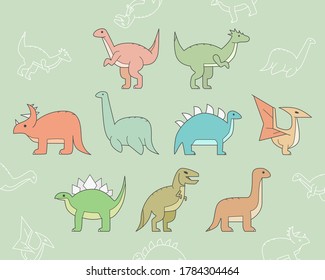 Dinosaurs Icons set - Vector color symbols and outline of triceratops, stegosaurus, tyrannosaurus and other animals of the Jurassic period for the site or interface