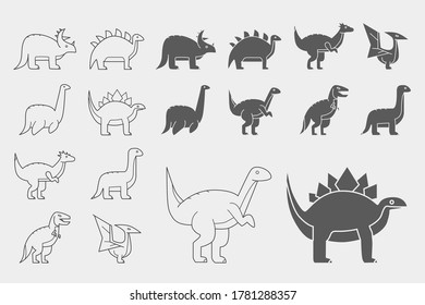 Dinosaurs Icons set - Vector outline symbols and silhouettes of triceratops, stegosaurus, tyrannosaurus and other animals of the Jurassic period for the site or interface