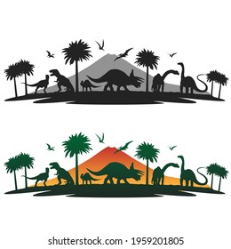 Dinosaurs Illustration Clip Art Design Scene. Collection Silhouettes Icon Prehistoric.