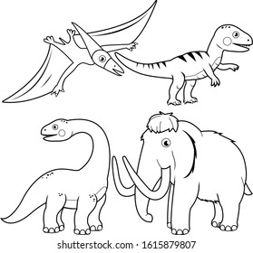 Dinosaurs illustration collection. Vector black and white coloring page.