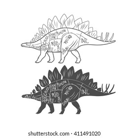 Dinosaurs illustration with cut scheme on white background. Vector illustration
